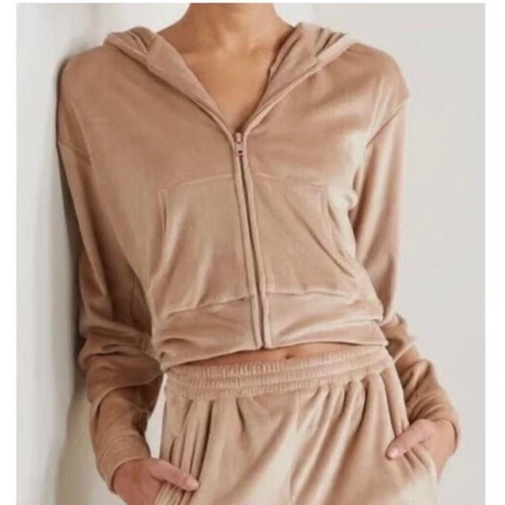 Skims Velour Hoodie Zip Crop Top XXS Jogger Pants XS 2 Piece Lounge Set Tan
